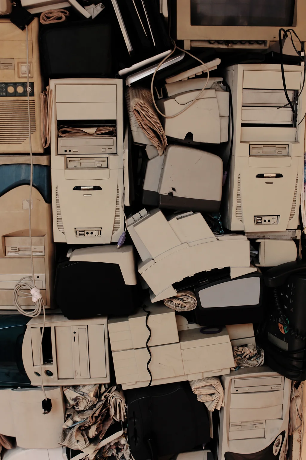 Old computers, monitors and printers set aside in storage.
