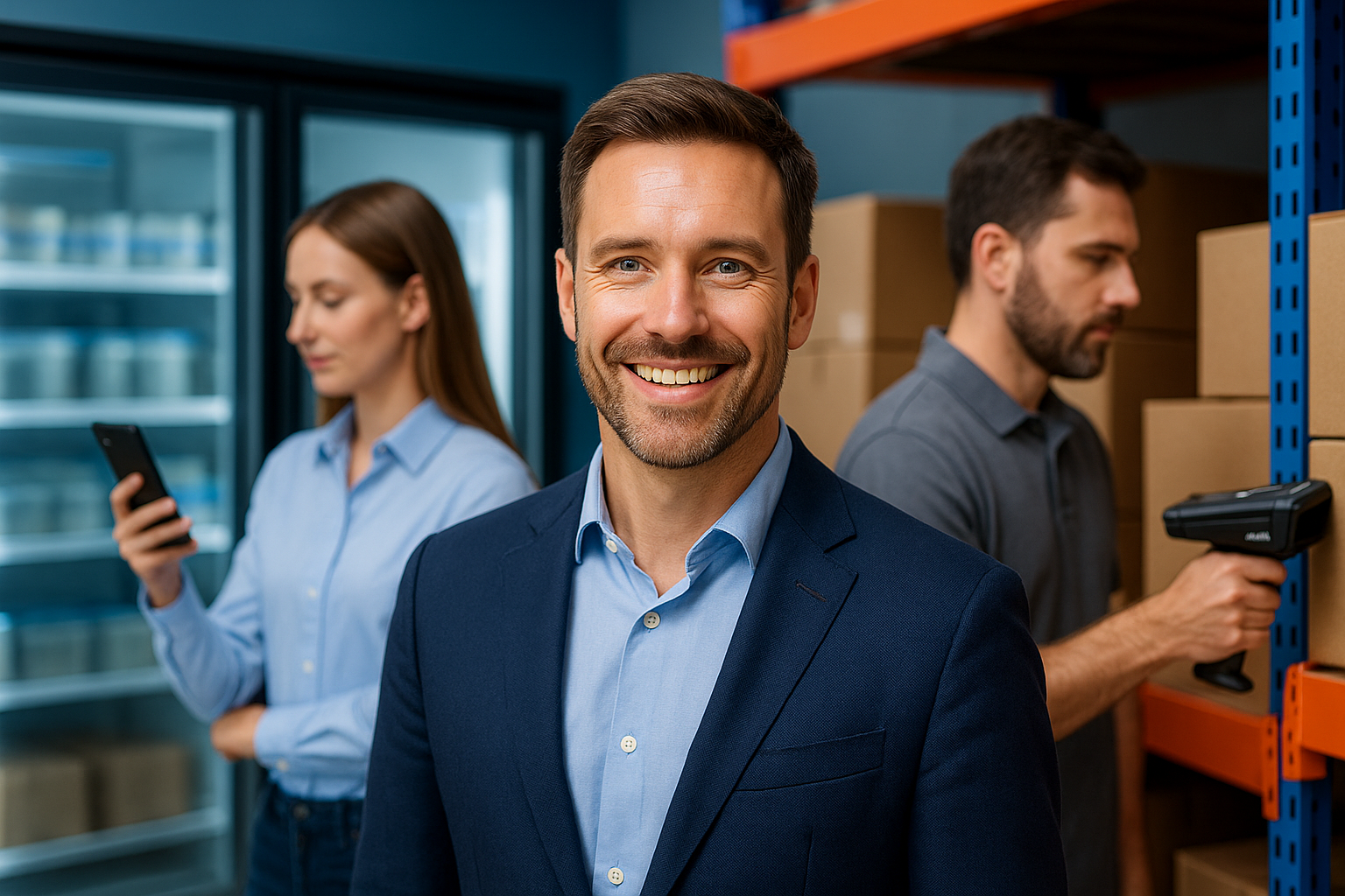 Team managing warehouse inventory with RFID UHF devices — automated asset and tool tracking